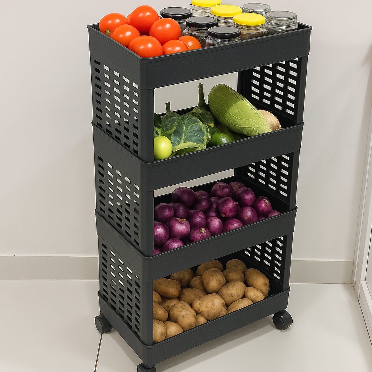 4-Layer Plastic Storage Rack with Wheels