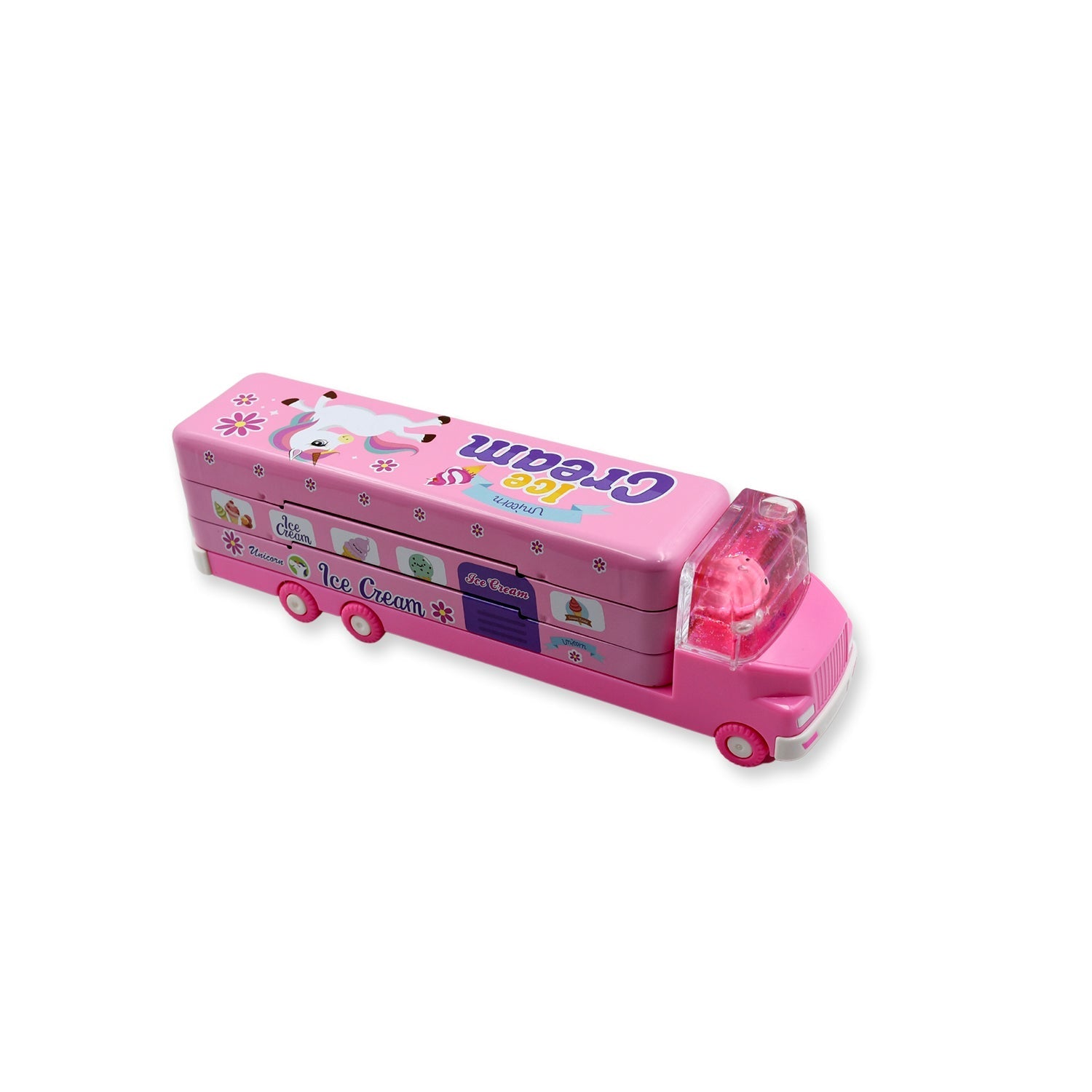 Double Decker Magic Truck Compass Multi Level Metal Truck Compass Pencil Case with Movable Wheels & Sharpener (Mix Design) Variety Bazaar