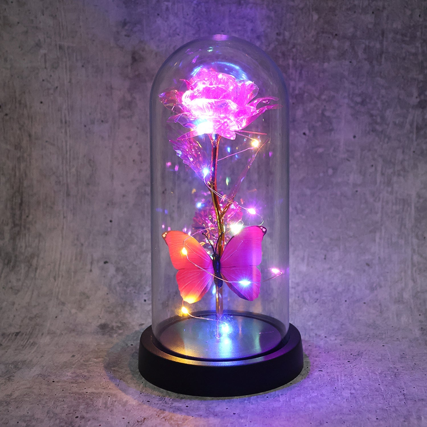 LED Decorative Rose with Butterfly in Transparent Plastic Dome (1 Pc / Battery Not Included) Variety Bazaar