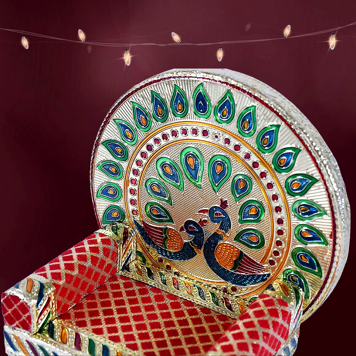 Meenakari Work Laddu Gopal Singhasan / Sihasan for Pooja Mandir Wooden Krishna Ladoo Bal Gopal Sofa Asan, Home Decorative Premium Look Decorative Singhasan Suitable For Home, Office, Restaurant (2 Pc Set)