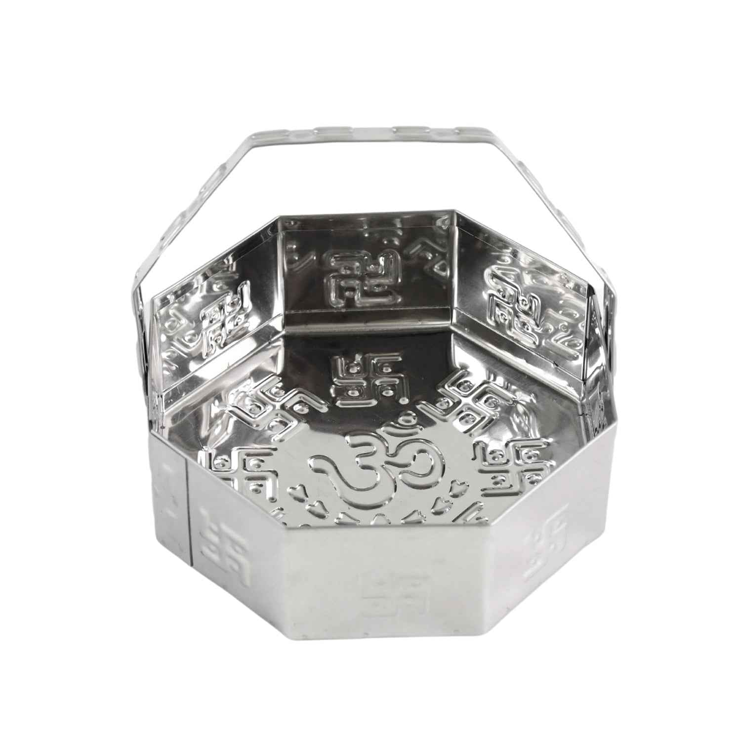 Traditional Stainless Steel Octagon Pooja Basket 1 Pc with Handle