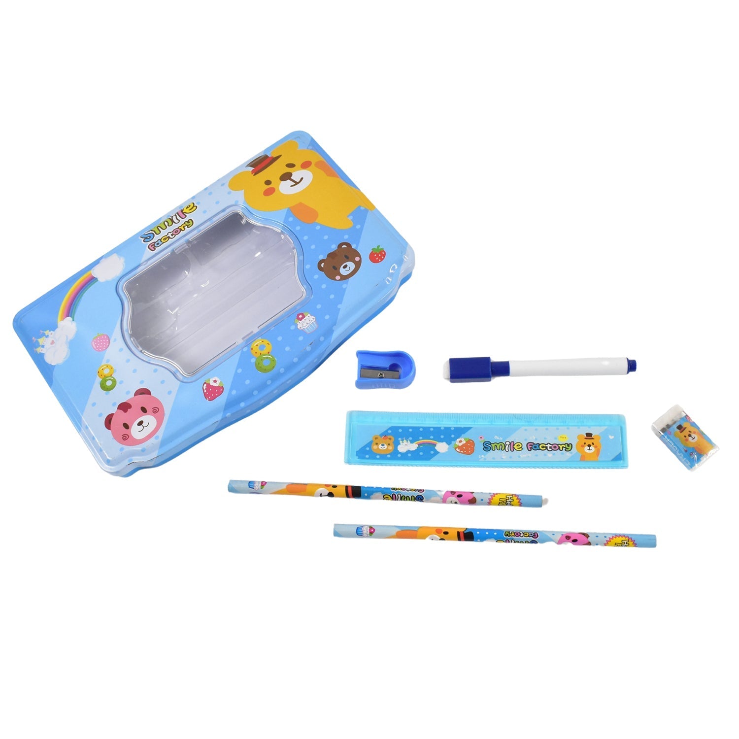 Cartoon Metal Compass Box for Kids with Stationery (6 Pc Set) Variety Bazaar