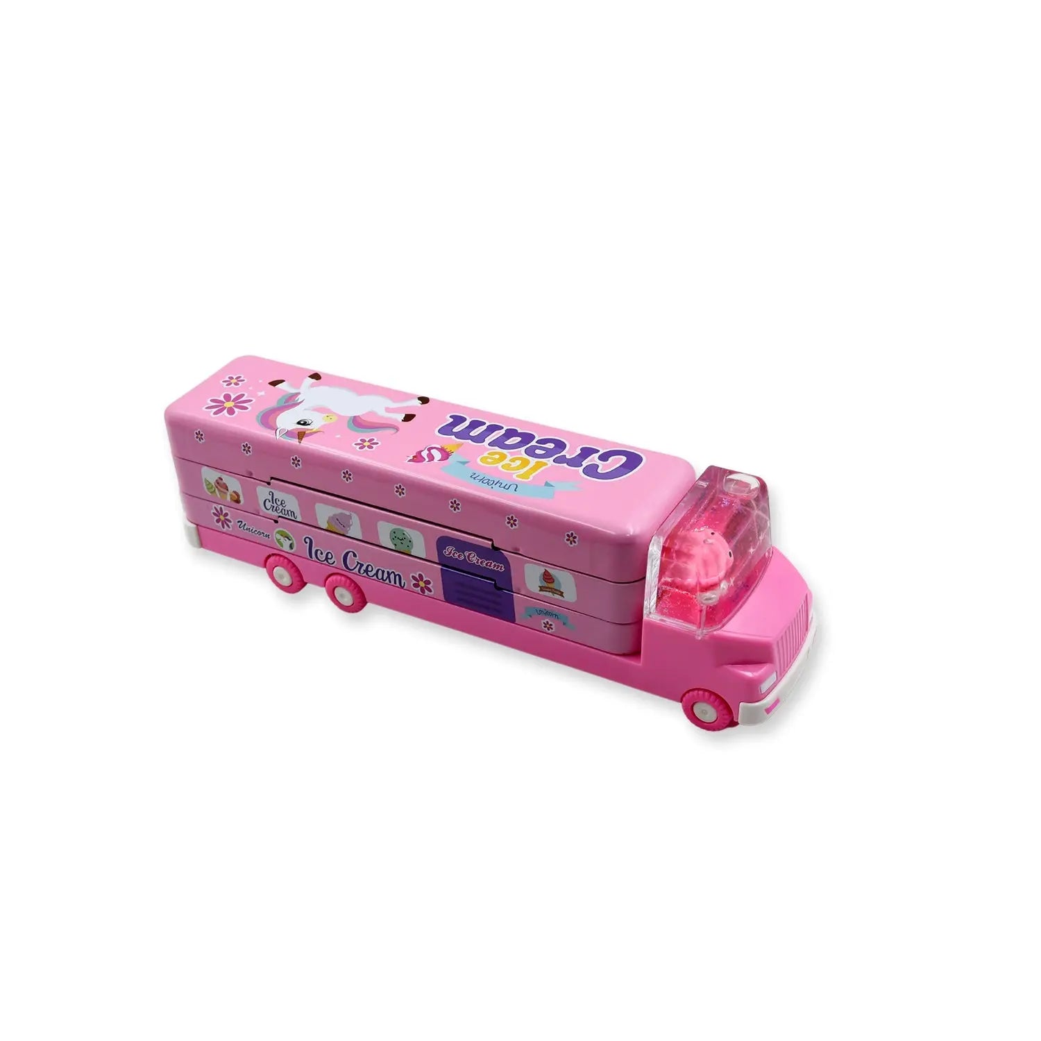 4568 Double Decker Magic Truck Compass Multi Level Metal Truck Compass Pencil Case with Movable Wheels & Sharpener (Mix Design) - varietybazaar.co.in