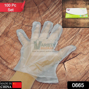 0665 Large Size Plastic Transparent Disposable Clear Plastic Hand Gloves For Home, Kitchen, Hotels, Hospitals, Clinics, Beauty Parlor, Saloons (100 pcs) Travel Sahayak