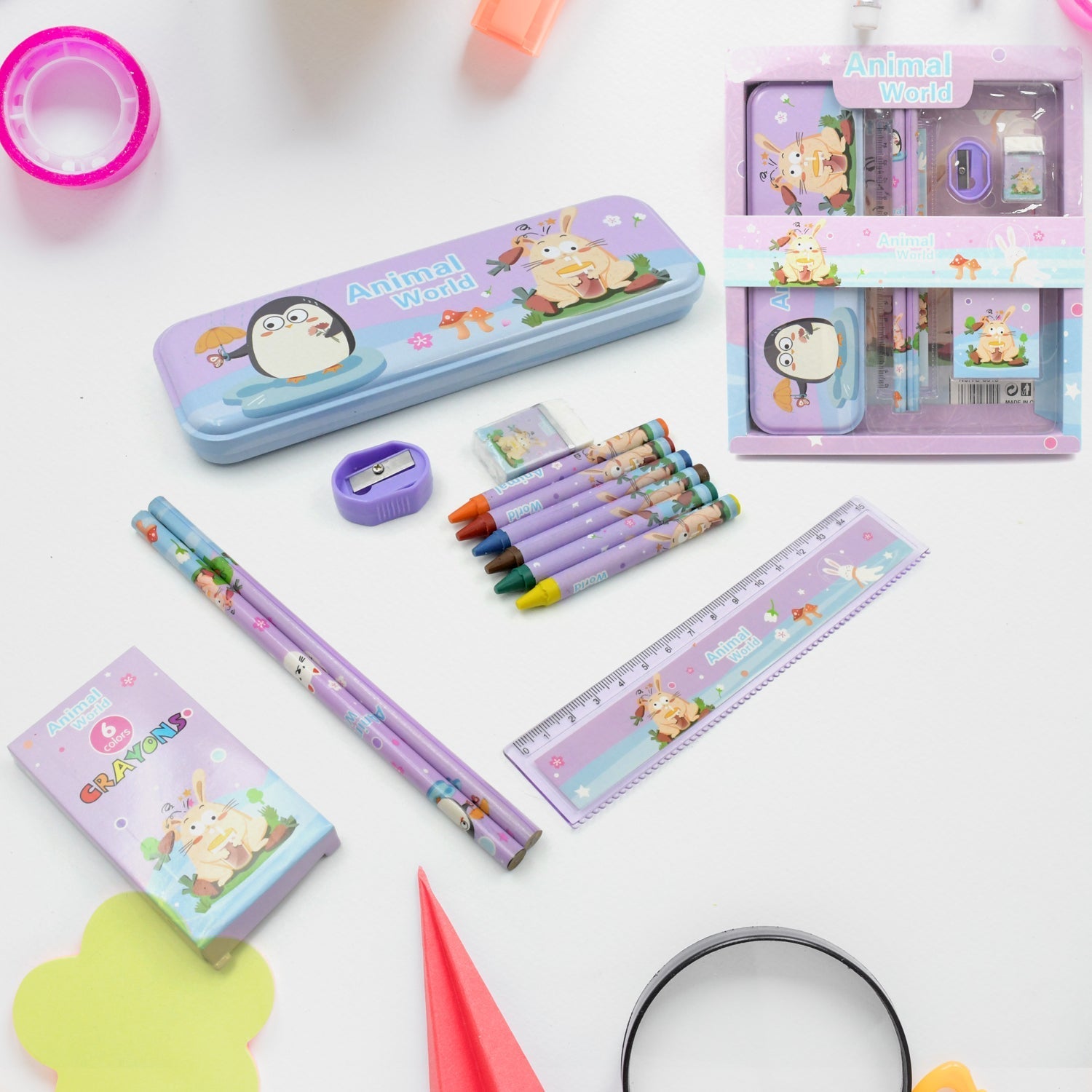 Stationery Kit for Kids - Metal Pencil Box, Sharpener, Pencil & Eraser (12 Pc Set) Variety Bazaar
