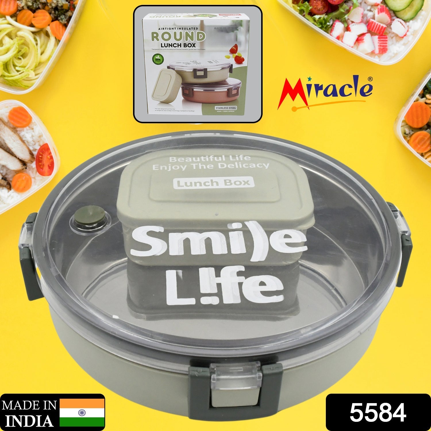 Miracle Stainless Steel Round Lunch Box, with Small Plastic Box Insert Leak Proof Lunch Box with Transparent lid, Lunch Box for Kids & Adults for School, Office (450 ML + 250 ML Approx) Variety Bazaar