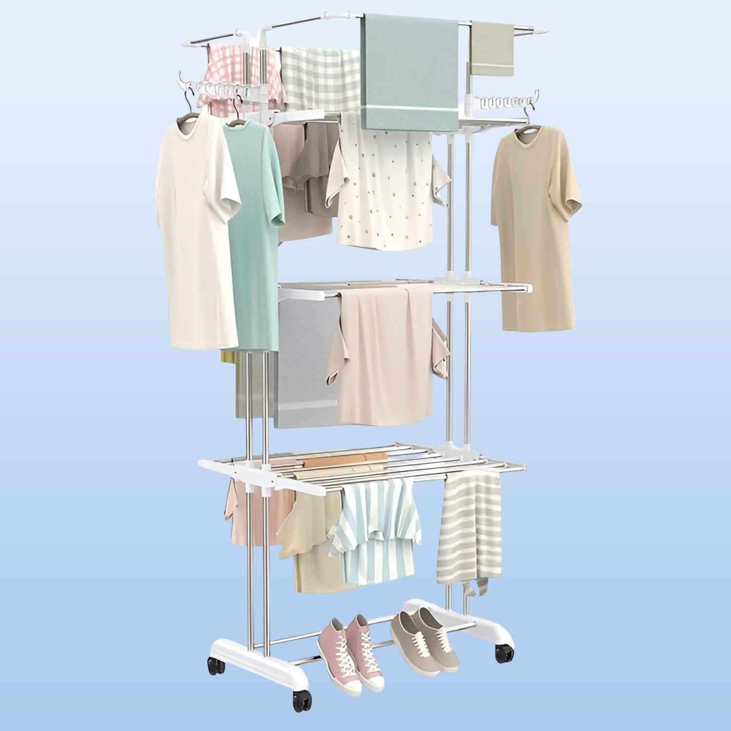 3-Tier Foldable Stainless Steel Cloth Drying Stand with Wheels
