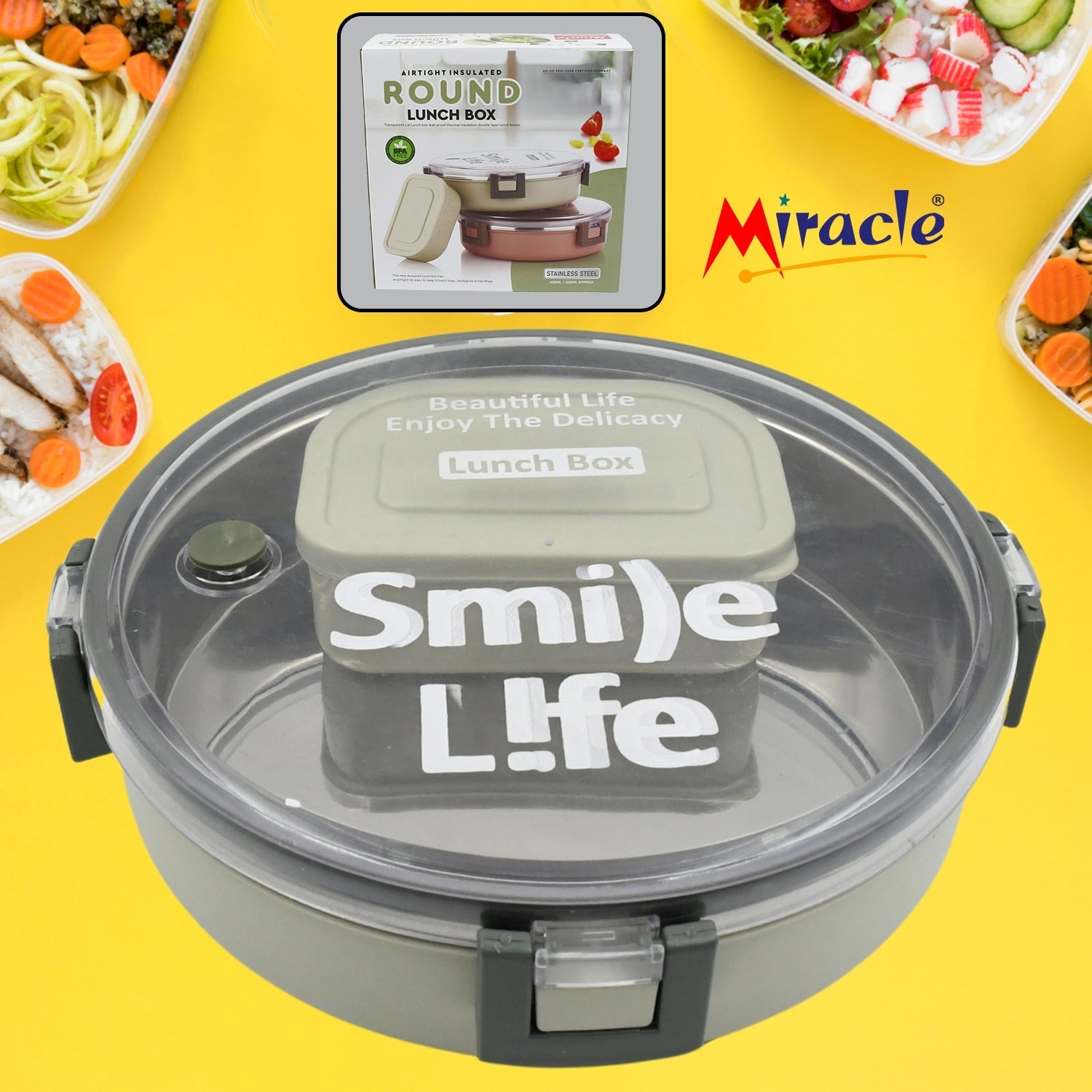 Miracle Stainless Steel Round Lunch Box, with Small Plastic Box Insert Leak Proof Lunch Box with Transparent lid, Lunch Box for Kids & Adults for School, Office (450 ML + 250 ML Approx) Variety Bazaar