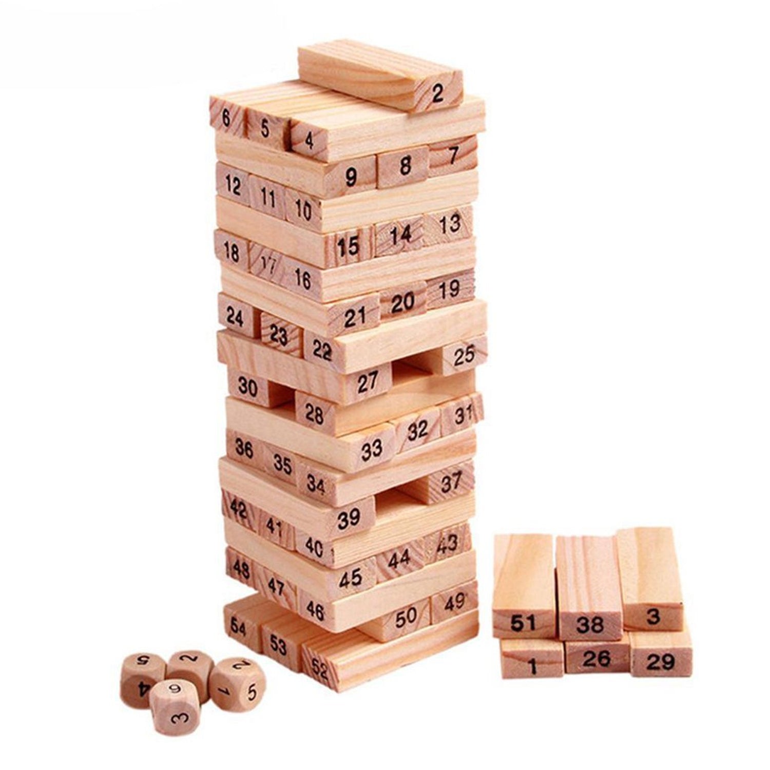 54 Pcs Blocks 4 Dices Wooden Tumbling Stacking Building Variety Bazaar