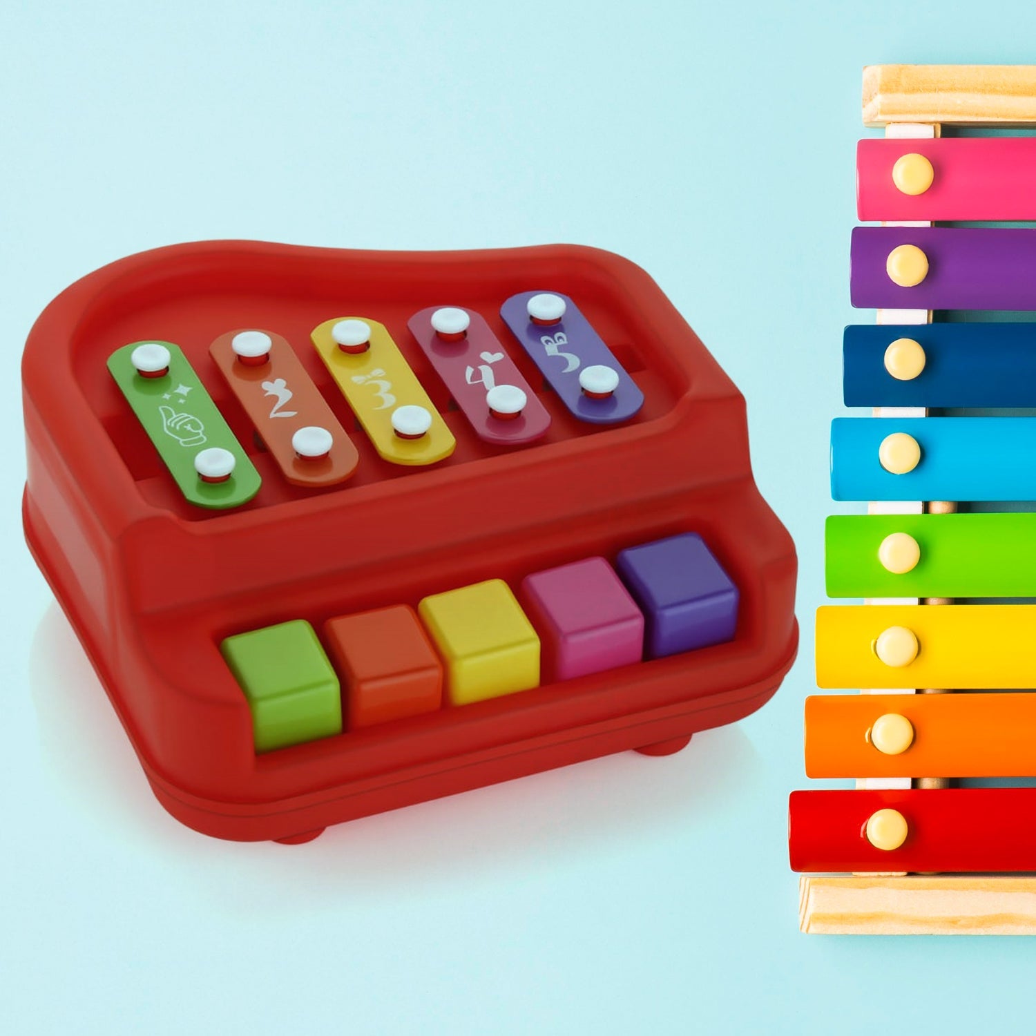 2 in 1 Baby Piano Xylophone Toy for Toddlers, 5 Multicolored Key Keyboard Xylophone Piano, Preschool Educational Musical Learning Instruments Toy for Baby Kids Girls Boys 3+ Years (1 Pc)