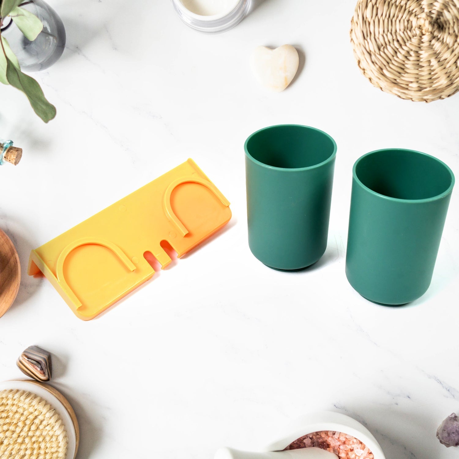 Multipurpose Wall Mount Toothbrush Holder Plastic Stand With 2 Cup (1 Set) Variety Bazaar