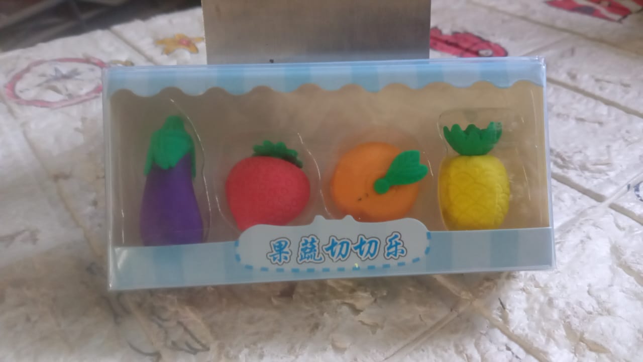 Mini Cute Veg & Fruit Erasers – 3D Colorful Eraser Set for Kids (4 Pc) Variety Bazaar