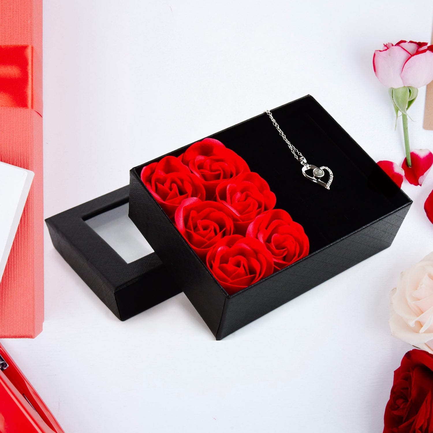 Rose Flower Gift Box, Handmade Eternal Rose with I Love You Necklace, Valentine's Day, Variety Bazaar
