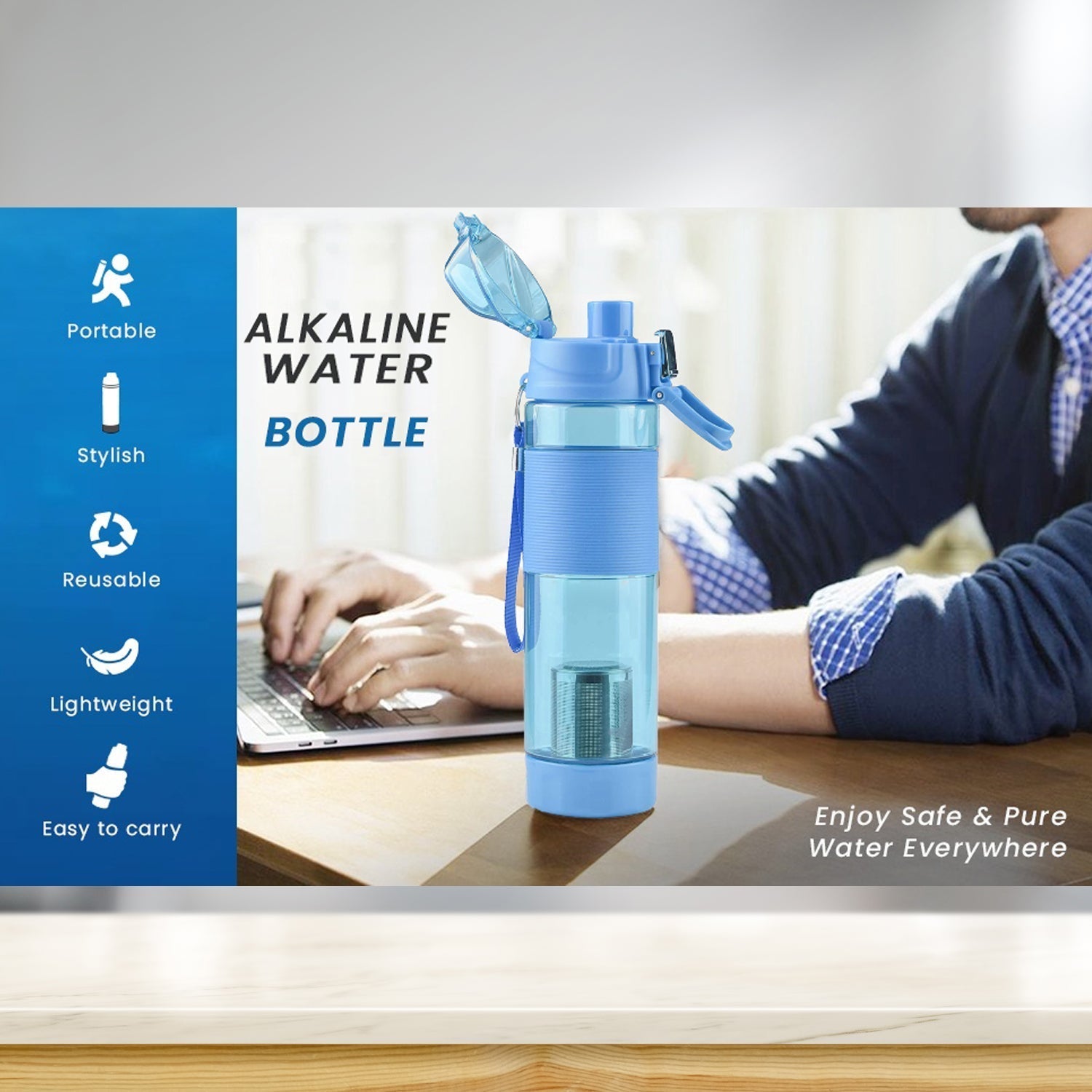 Alkaline Water Bottle, with Food Grade Plastic, Stylish and Portable (Particulates not included) Variety Bazaar