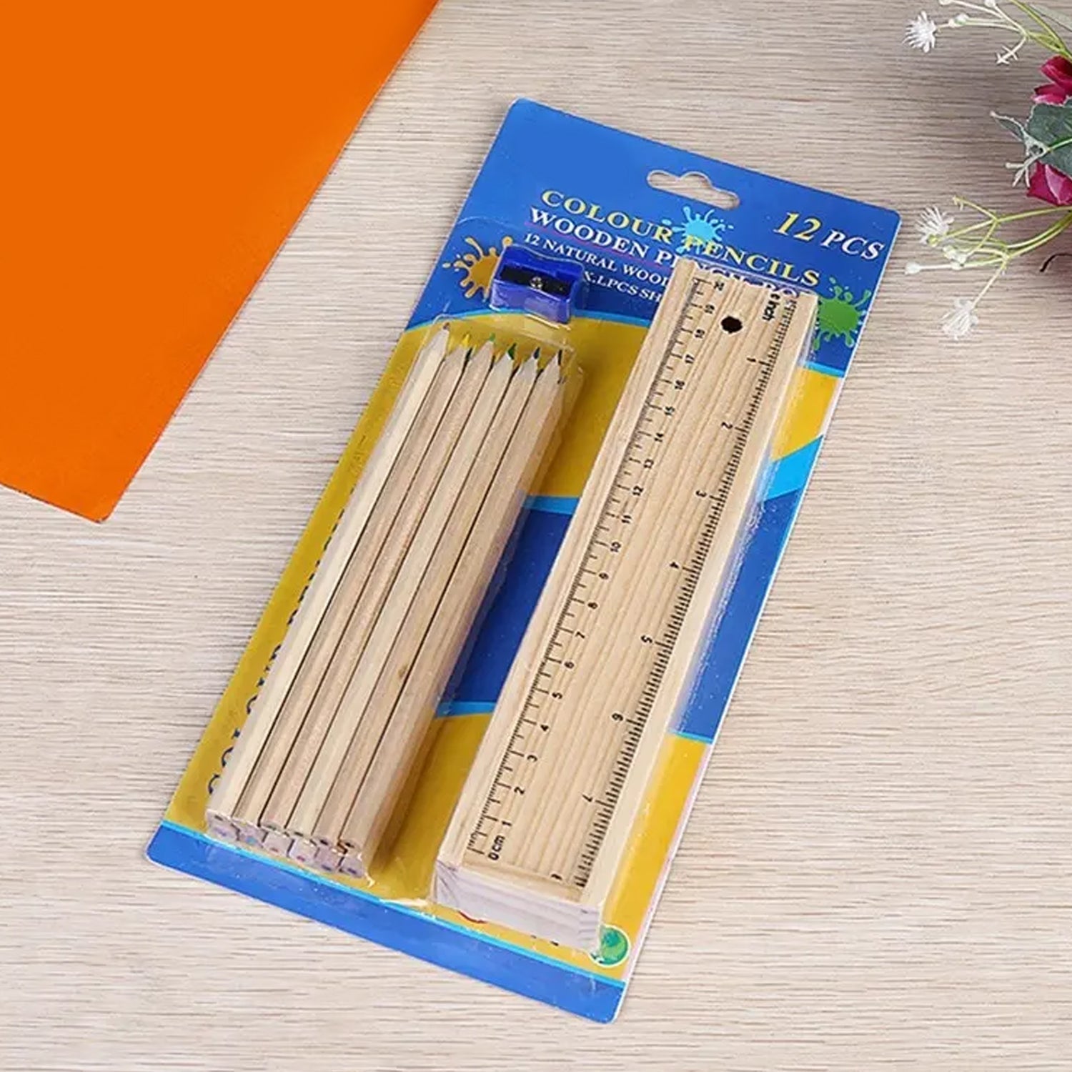 Colorful Wooden Pencil Set with Pencil box, Ruler, Sharpener For for Kids, Artist, Architect (12 Pcs Set) Variety Bazaar