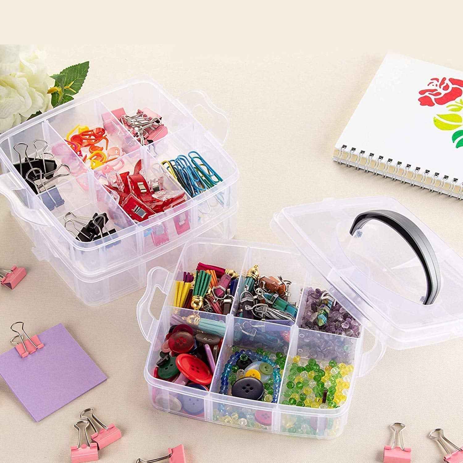 3-Tier 18 Sections Transparent Stackable Adjustable Compartment Slot Plastic Craft Storage Box