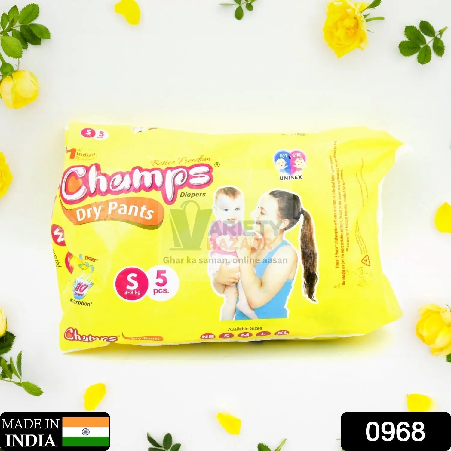 0968 Small Champs Dry Pants Style Diaper- Small Best for Travel Absorption, Champs Baby Diapers, Champs Soft and Dry Baby Diaper Pants (S5 Pcs ) Travel Sahayak