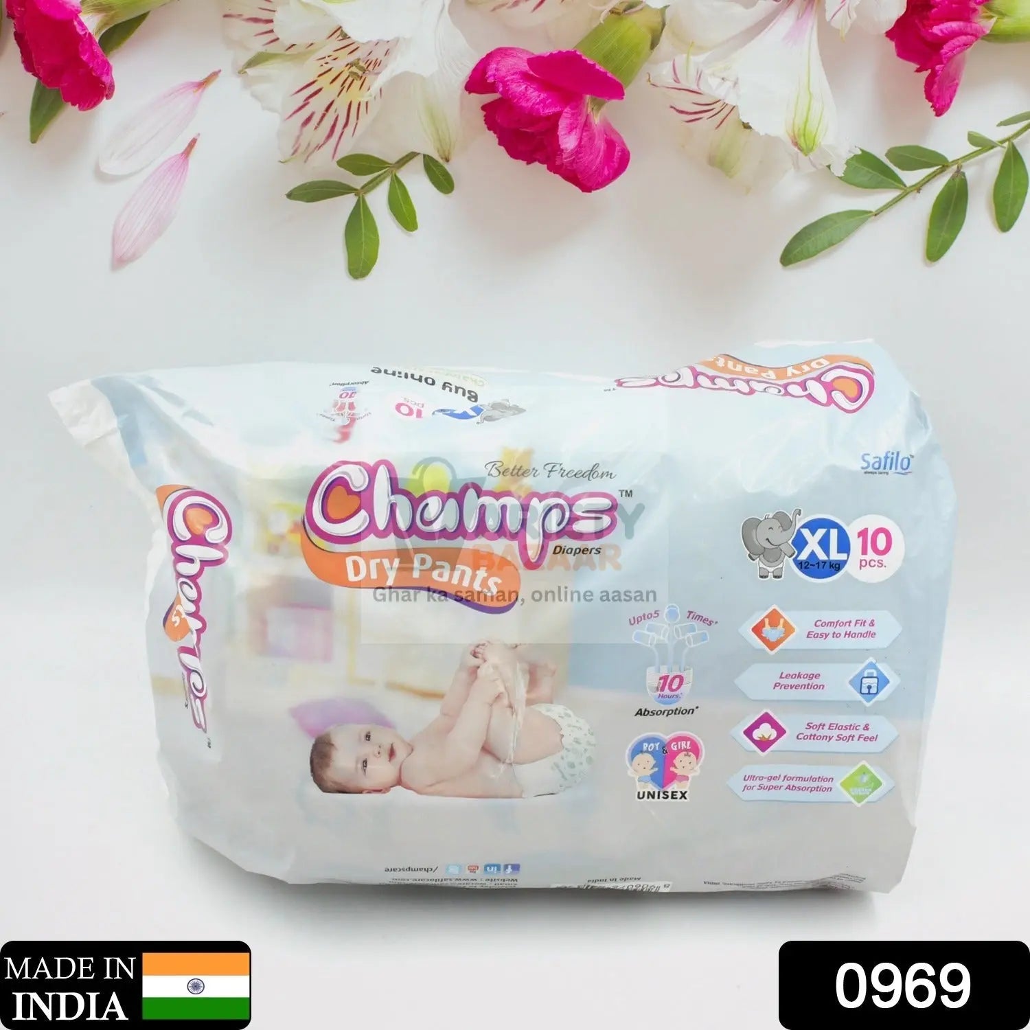 0969 Baby Diaper High Absorbent Pant Diapers, Champs Soft and Dry Baby Diaper Pants Xl 10 Pcs (Extra Large , XL10 Pieces) Travel Sahayak