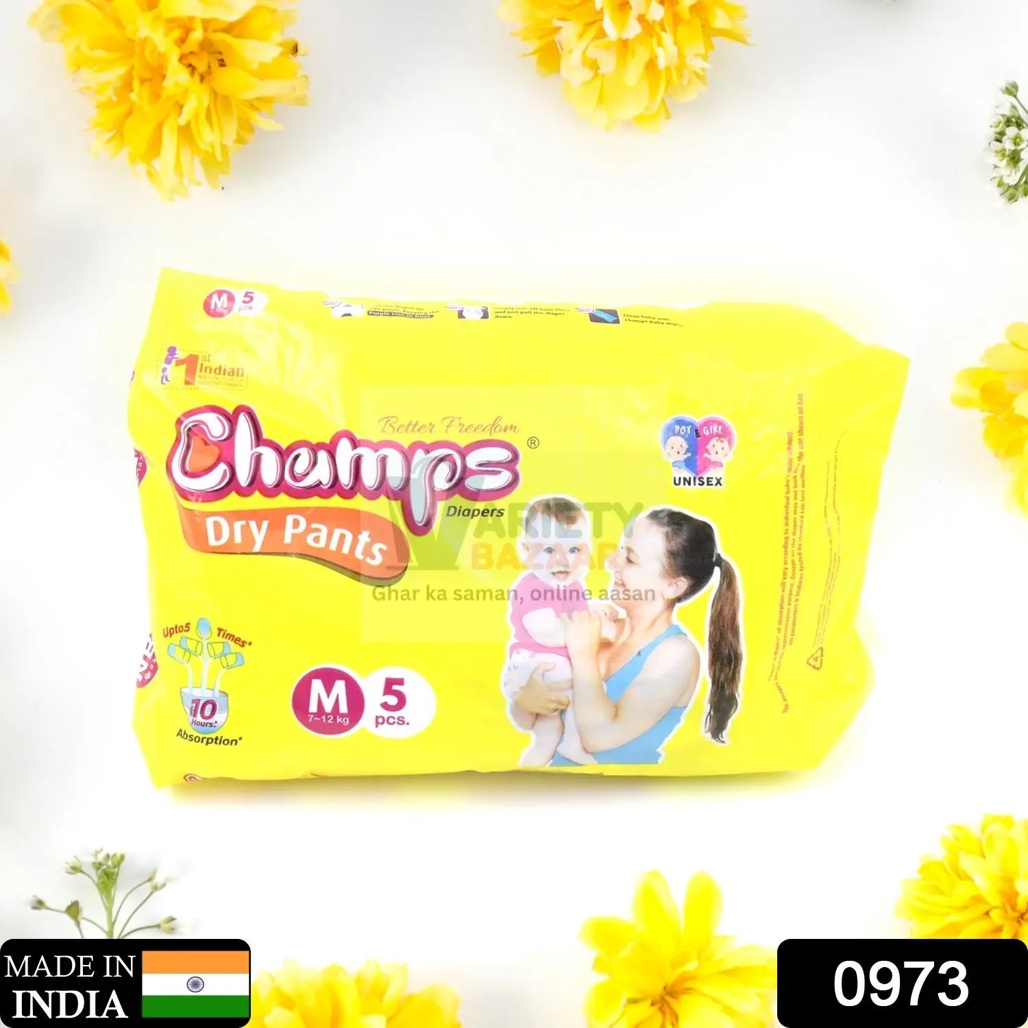 0973 Medium Champs Dry Pants Style Diaper - Medium (5 pcs) Best for Travel Absorption, Champs Baby Diapers, Champs Soft and Dry Baby Diaper Pants (M, 5 Pcs ) Travel Sahayak