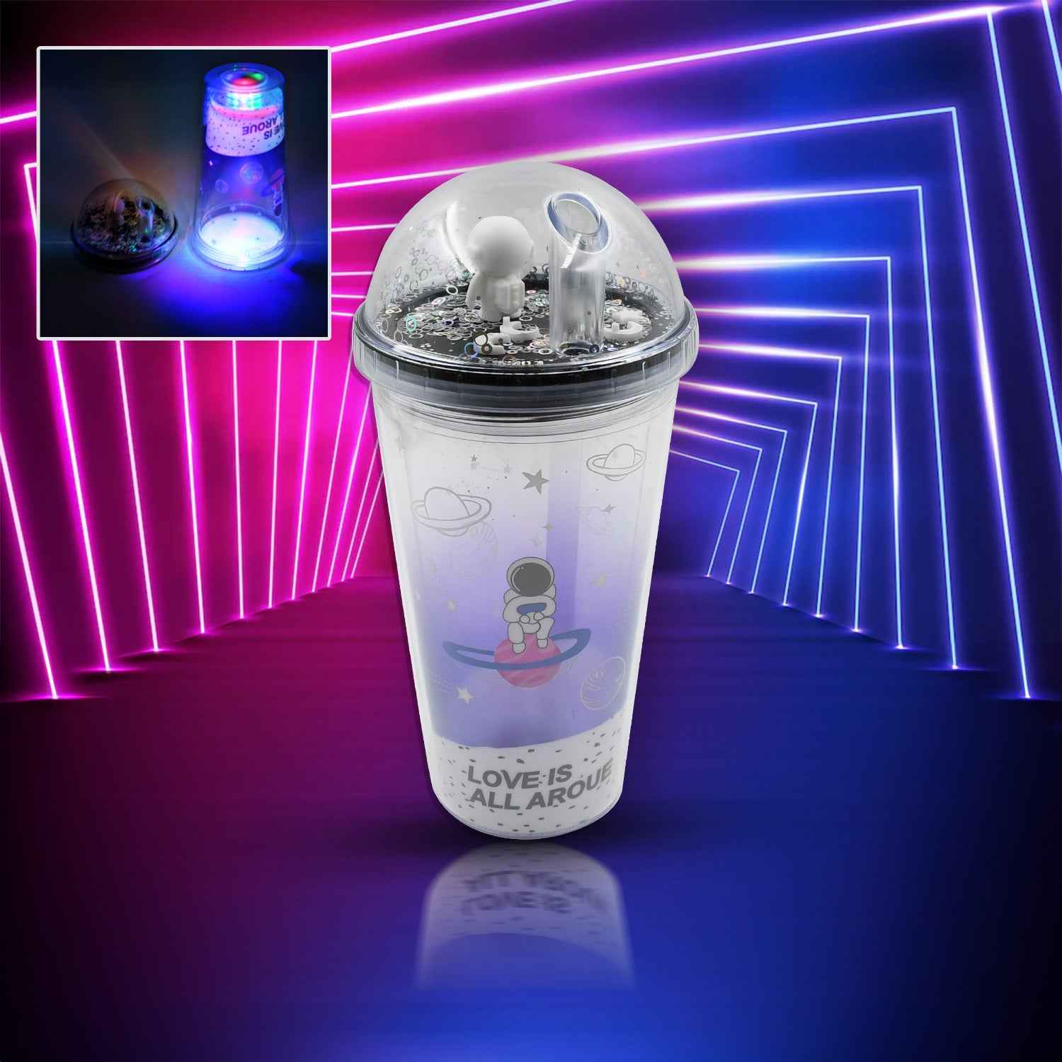 6883b Led Glow Light Design Printed Insulated Double Wall Plastic Tumbler Cups With Straws 13oz Theming Astronaut In Space Travel Tumbler Freezer Mug Drinking Cups For Boys And Girls Schooltuitiongym Picnic (Pack Of 1)