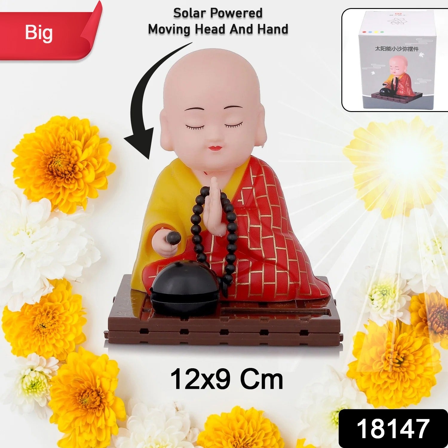 Solar Powered Sitting Buddha Statue, Moving Head and Hand (1 Pc / Big) Variety Bazaar