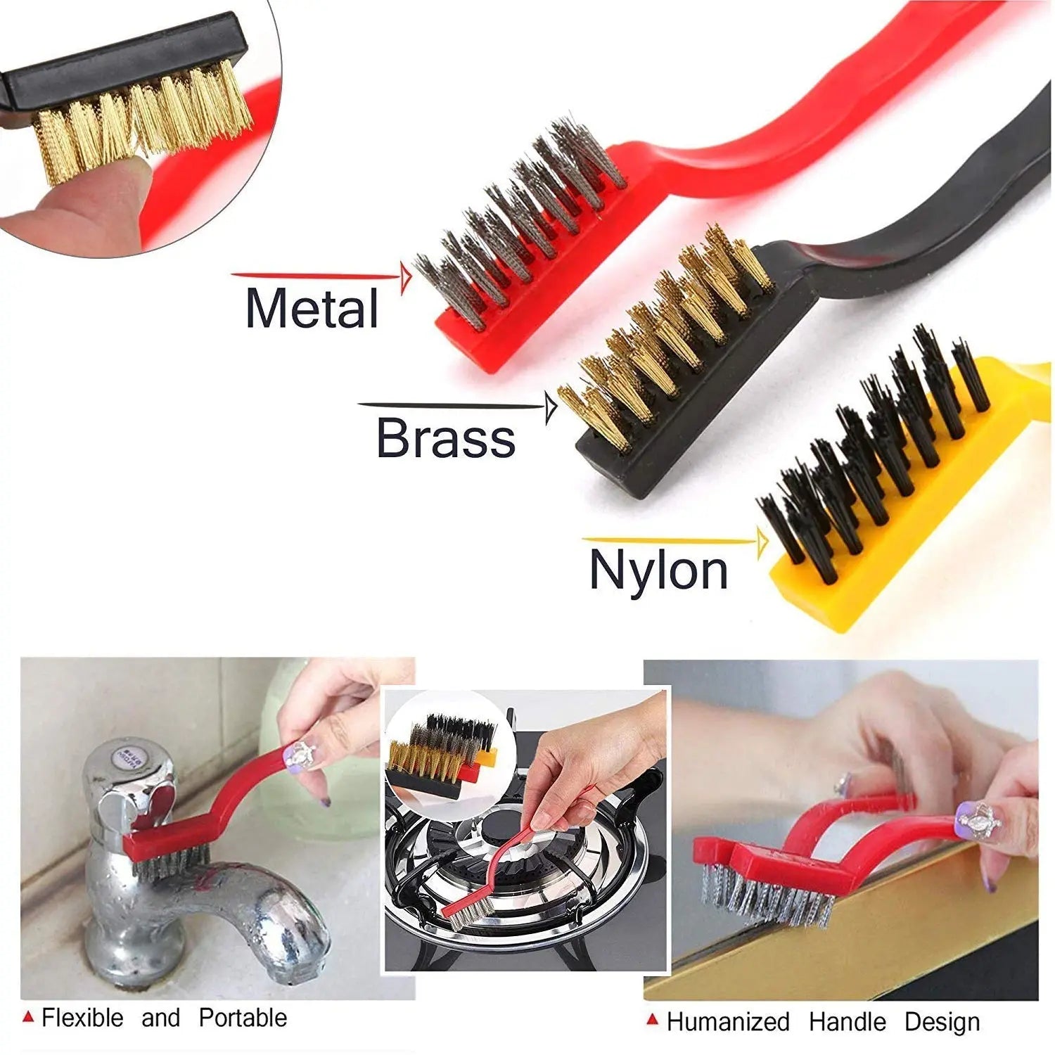2166 3pc Mini Wire Brush Set Brass Nylon Stainless Steel Bristles Household Cleaning Brush for Gas Stove, Smoke Machine Tool Burner Tiles Tap Rust Removal Welding Slag Dirt & Paint Scrubbing. Travel Sahayak