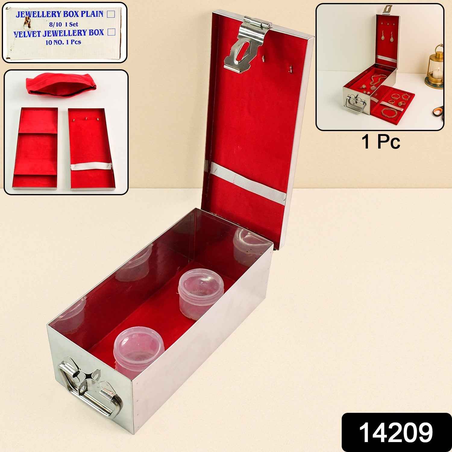 Premium Stainless Steel Velvet Lined Jewellery Storage Box with Lock and Red Interior