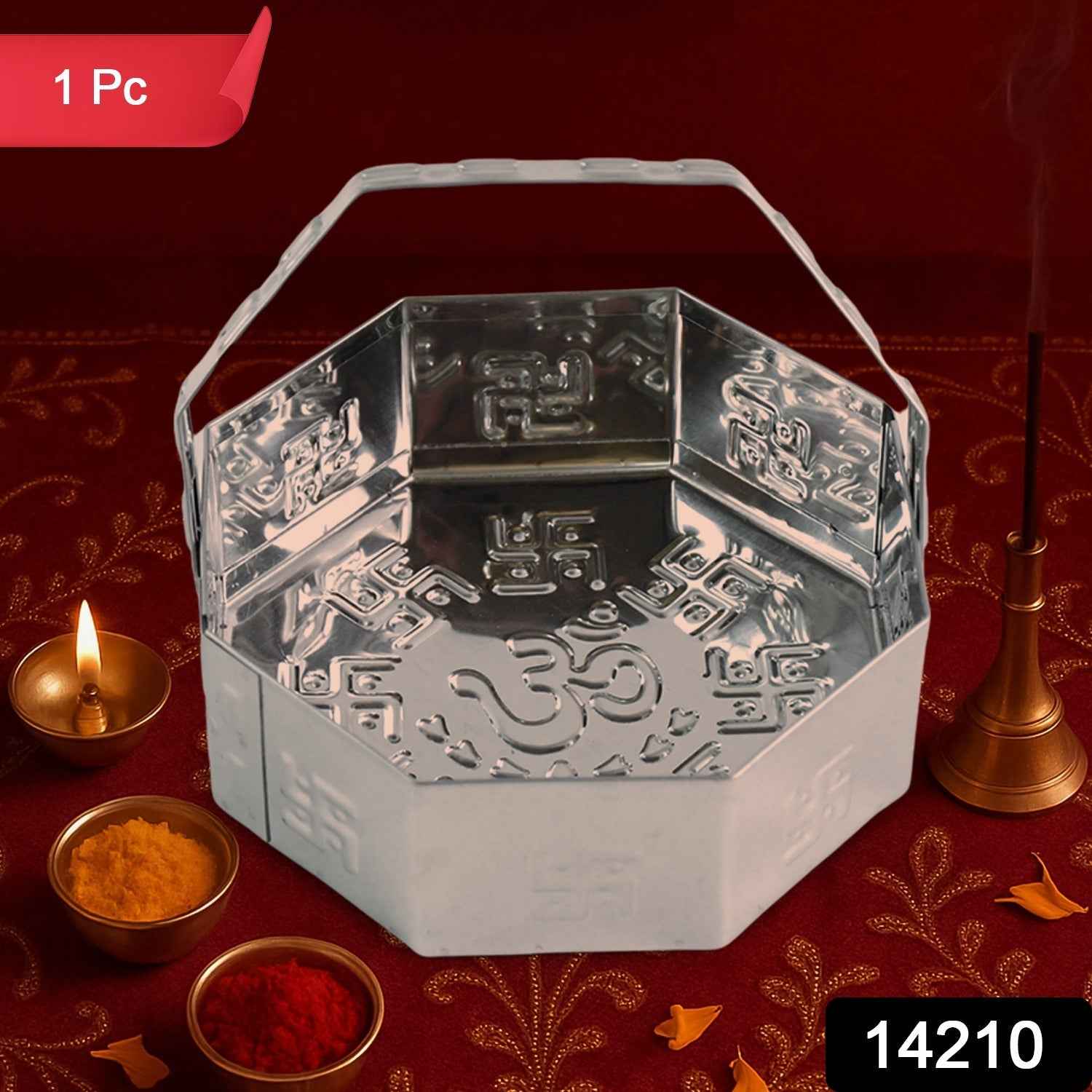 Traditional Stainless Steel Octagon Pooja Basket 1 Pc with Handle