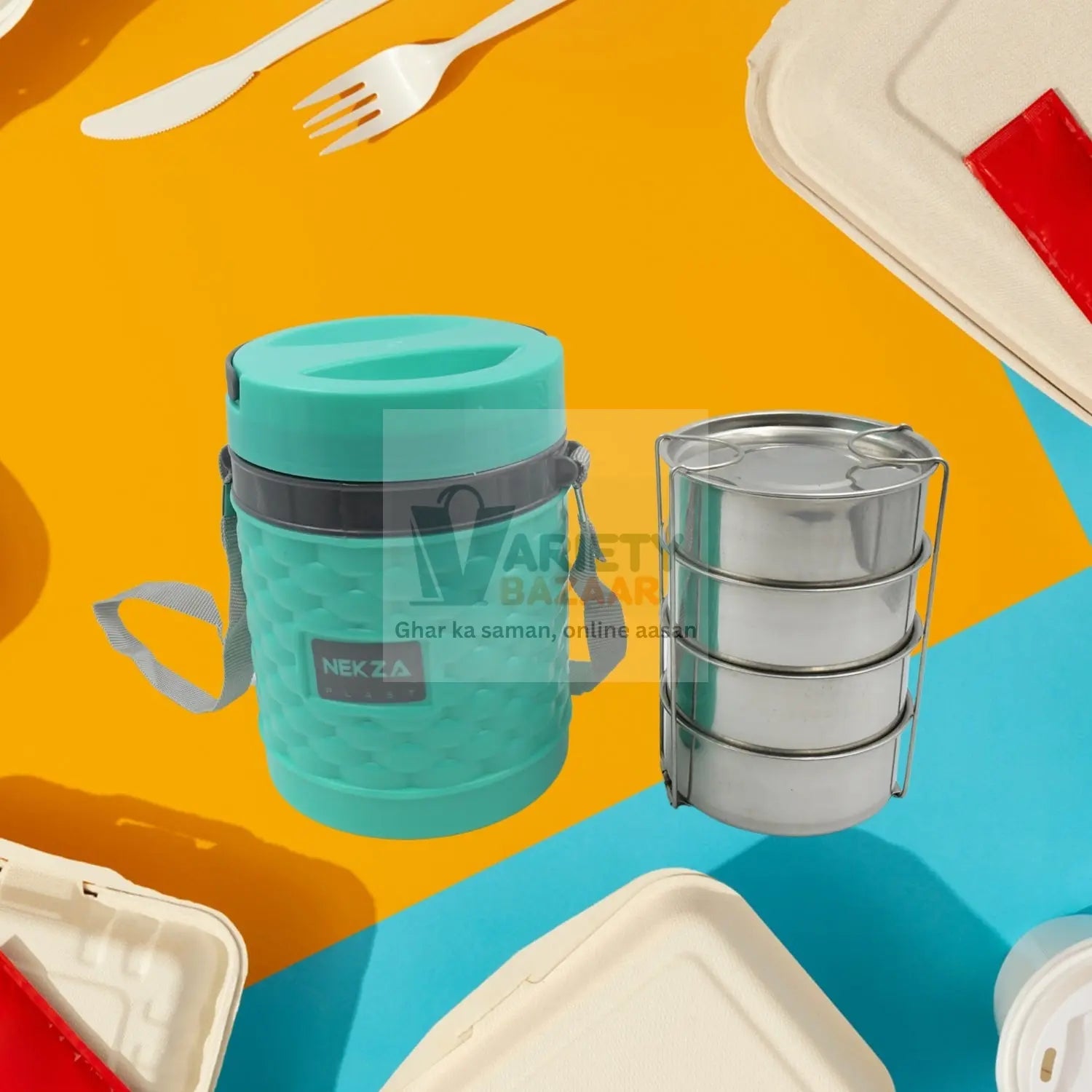 2364 Double Wall Insulated Stainless Steel Tiffin 4 Compartment Lunch Box with Handle Stackable Stainless Steel Lunch Box | BPA Free | Leakproof/Dabba for Office, Home, Shool, HOT Outer Plastic Tiffin Box Set (1 Pc 4 compartment) Travel Sahayak