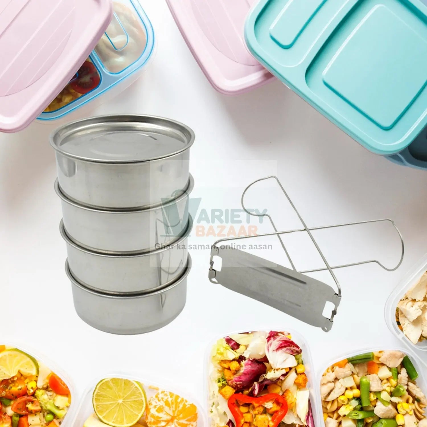 2364 Double Wall Insulated Stainless Steel Tiffin 4 Compartment Lunch Box with Handle Stackable Stainless Steel Lunch Box | BPA Free | Leakproof/Dabba for Office, Home, Shool, HOT Outer Plastic Tiffin Box Set (1 Pc 4 compartment) Travel Sahayak