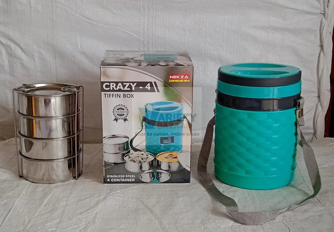 2364 Double Wall Insulated Stainless Steel Tiffin 4 Compartment Lunch Box with Handle Stackable Stainless Steel Lunch Box | BPA Free | Leakproof/Dabba for Office, Home, Shool, HOT Outer Plastic Tiffin Box Set (1 Pc 4 compartment) Travel Sahayak