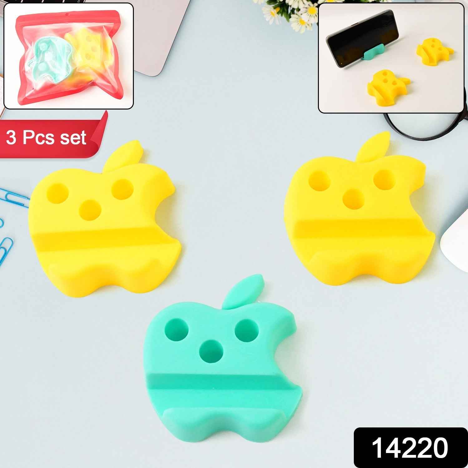 Multi-Functional Apple-Shaped Plastic Mobile Stand with Pen Holder (3 Pc / Mix Color)