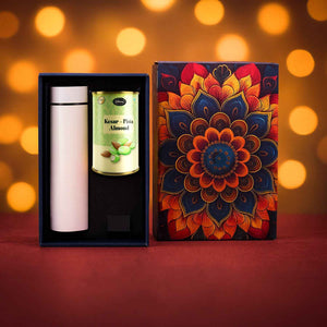 Effete Kesar Pista Almonds Gift Hamper Golden With Bottle (2 Pc Set)