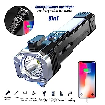 Portable 3w Rechargeable Torch LED Flashlight Long Distance Beam Range, Hammer and Strong Magnets, Window Glass and Seat Belt Cutter 4 Modes for Car Camping Hiking Indoor Outdoor Variety Bazaar
