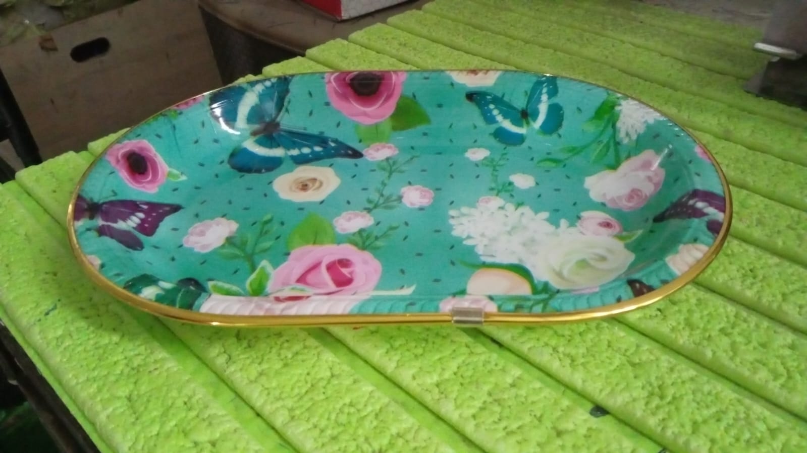 Big Plastic Flower Printed Design Serving Tray (1 Pc / 35 x 24 CM / Mix Color) Variety Bazaar