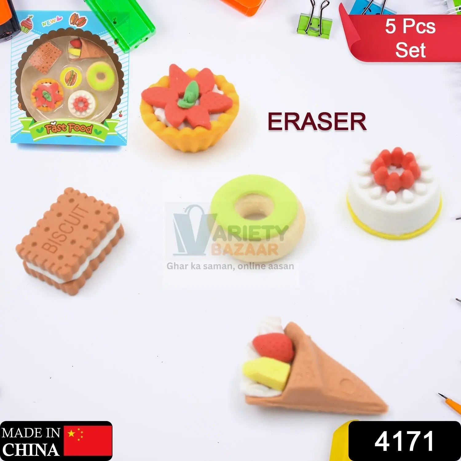 4171 3D Fast Food Fancy & Stylish Colorful Erasers, Mini Eraser Creative Cute Novelty Eraser for Children Different Designs Eraser Set for Return Gift, Birthday Party, School Prize, Fast Food Set Eraser ( 5 pc Set ) Travel Sahayak