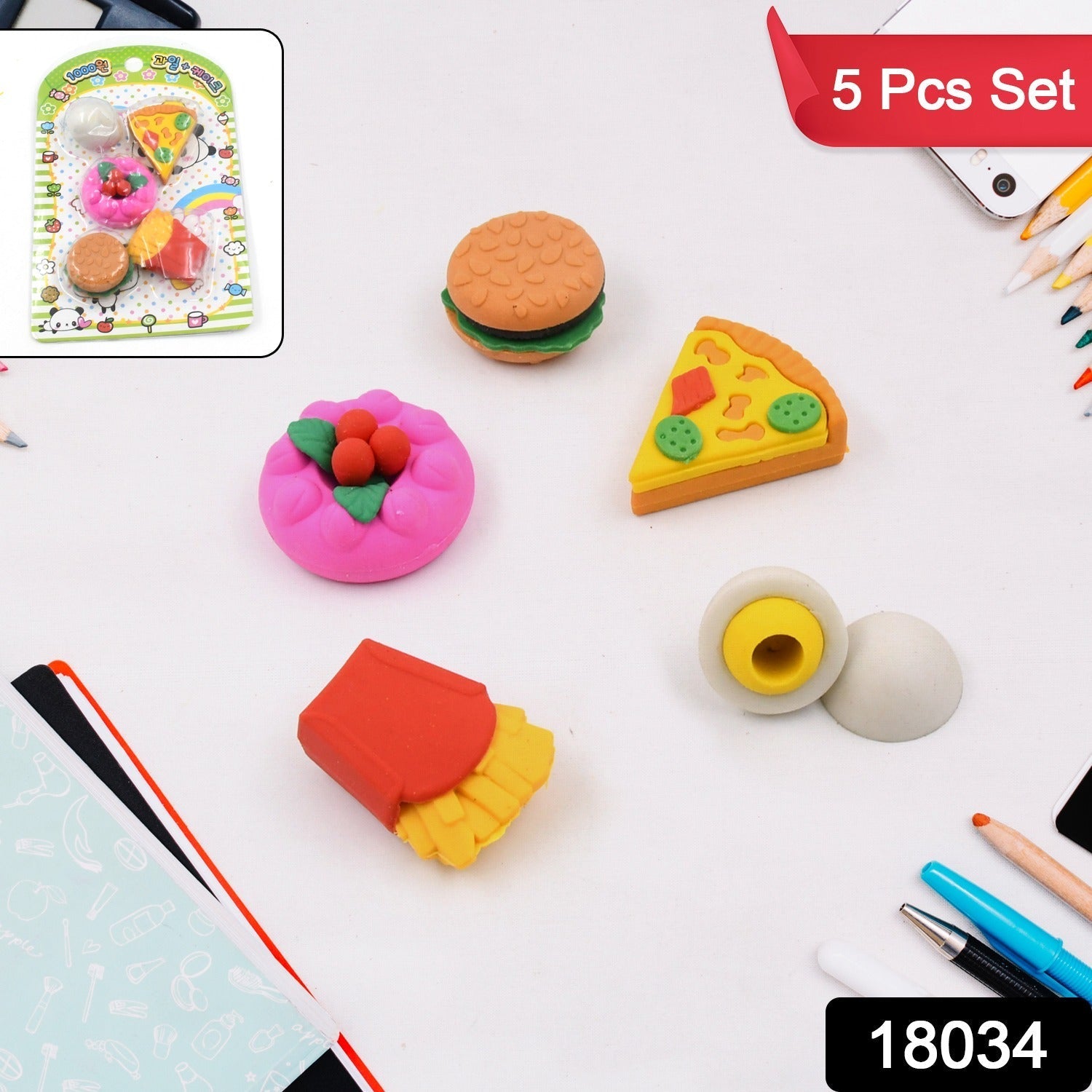 3D Food-Shaped Colorful Eraser Set – Cute Novelty Mini Erasers for Kids (5 Pc Set) Variety Bazaar