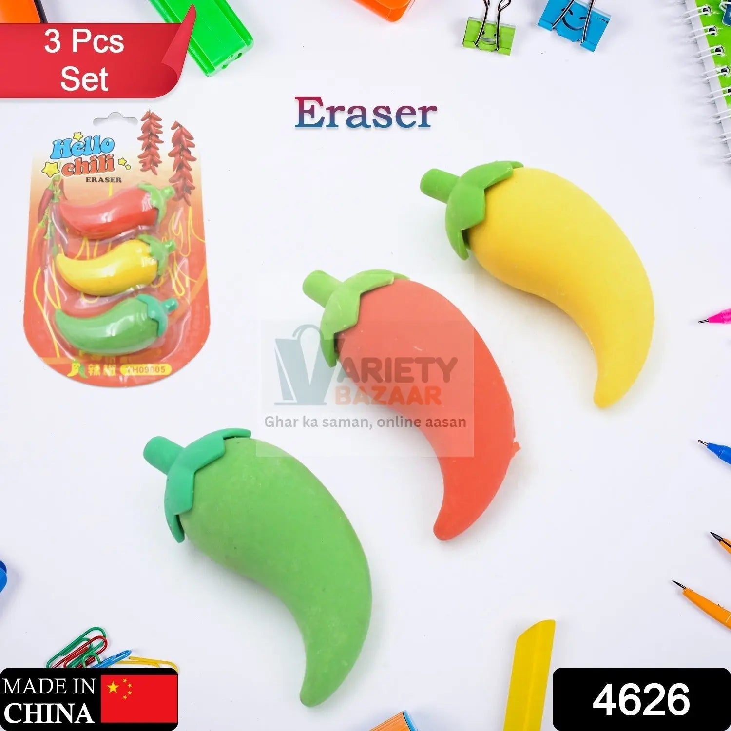4626 3D Fancy & Stylish Colorful Chili Shape Erasers, Mini Eraser Creative Cute Novelty Eraser for Children Eraser Set for Return Gift, Birthday Party, School Prize, (3 pc Set) Travel Sahayak