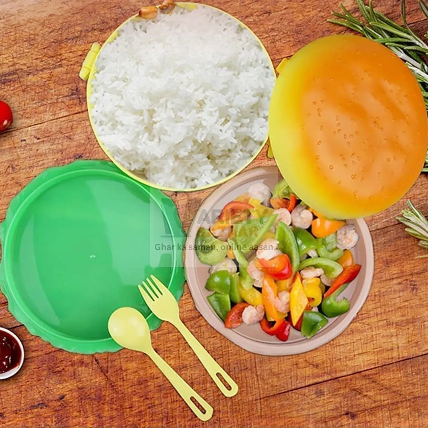 5313 Burger Shape Lunch Box Plastic Lunch Box Food Container Sets Double Layer Lunchbox 1000ml With 2 Spoon Applicable to Kids and Elementary School Students Travel Sahayak