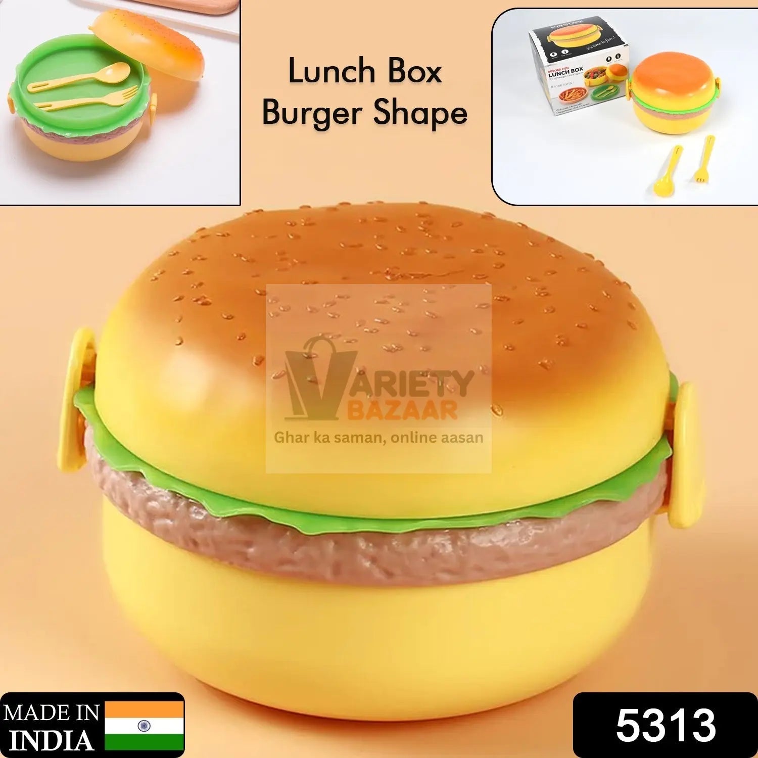 5313 Burger Shape Lunch Box Plastic Lunch Box Food Container Sets Double Layer Lunchbox 1000ml With 2 Spoon Applicable to Kids and Elementary School Students Travel Sahayak