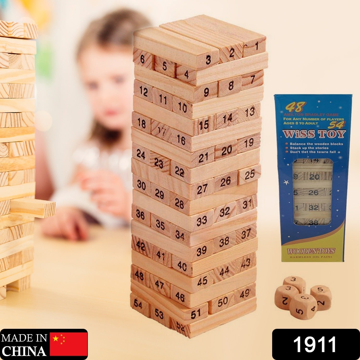 54 Pcs Blocks 4 Dices Wooden Tumbling Stacking Building Variety Bazaar