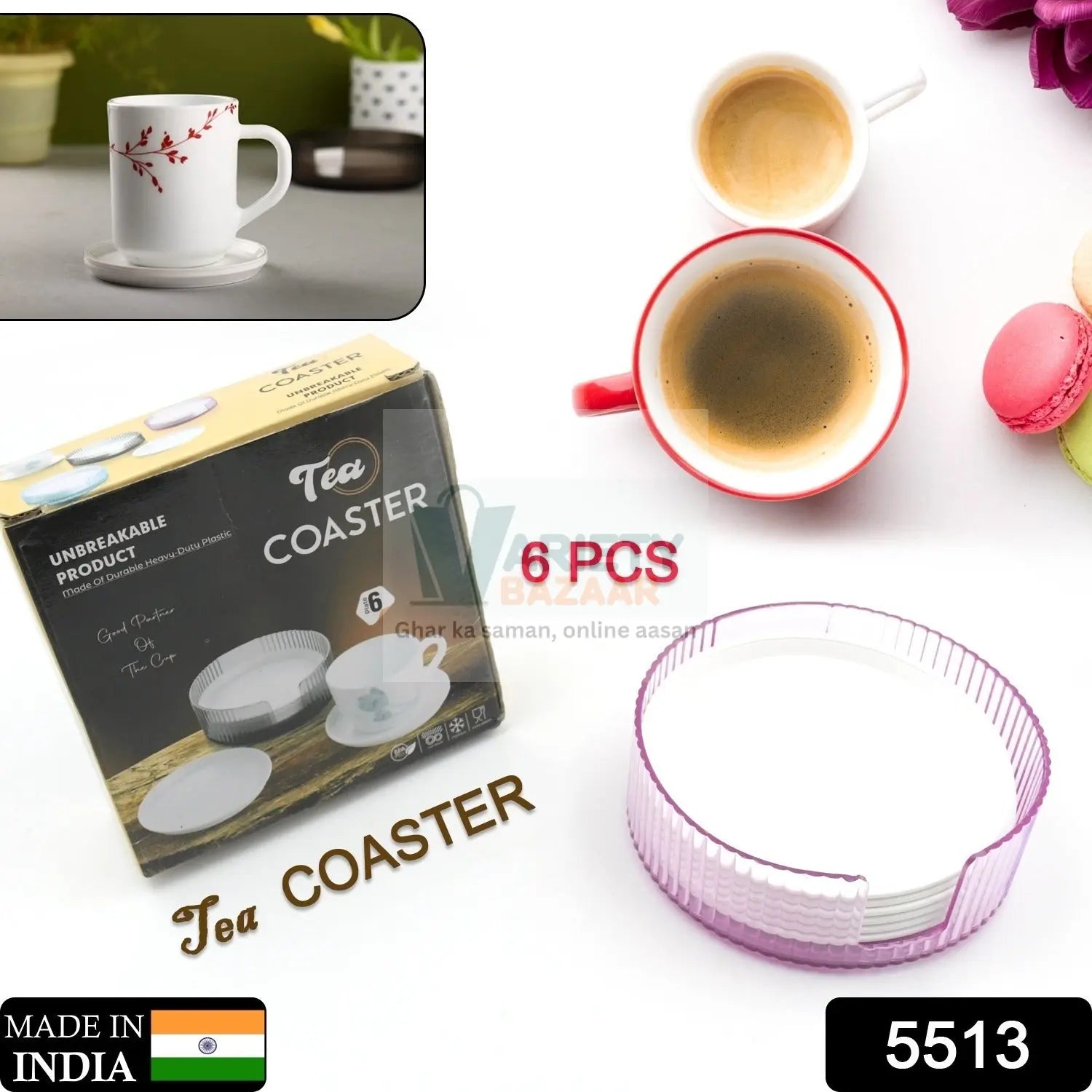 5513 Coasters Set of 6 Plastic Coasters Spill Protection for Table Desk Durable and Non Slip Plastic Coaster Fit Common Size Drinking Glass Coffee Cup Tea Cup Mug Travel Sahayak