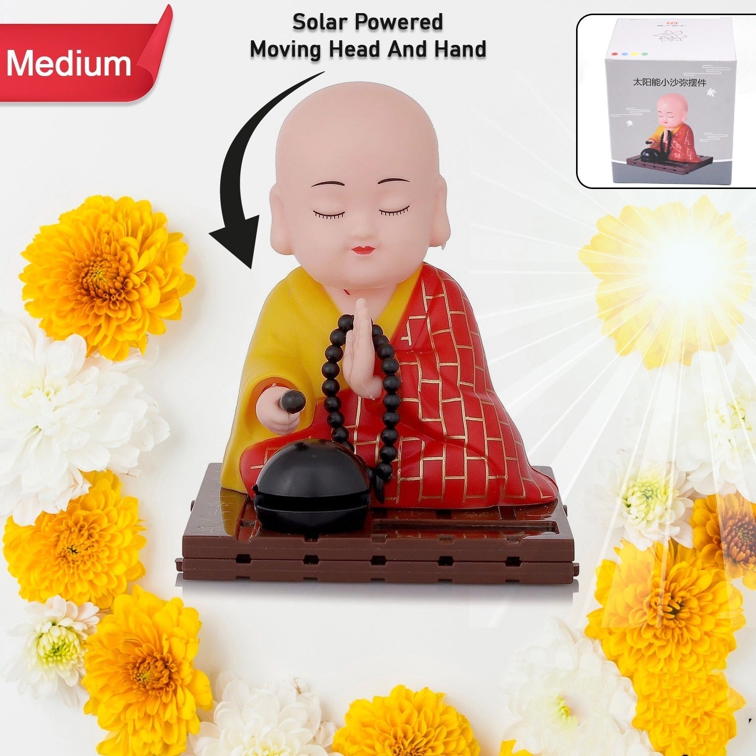 Solar Powered Sitting Buddha Statue, Moving Head and Hand (1 Pc / Medium) Variety Bazaar