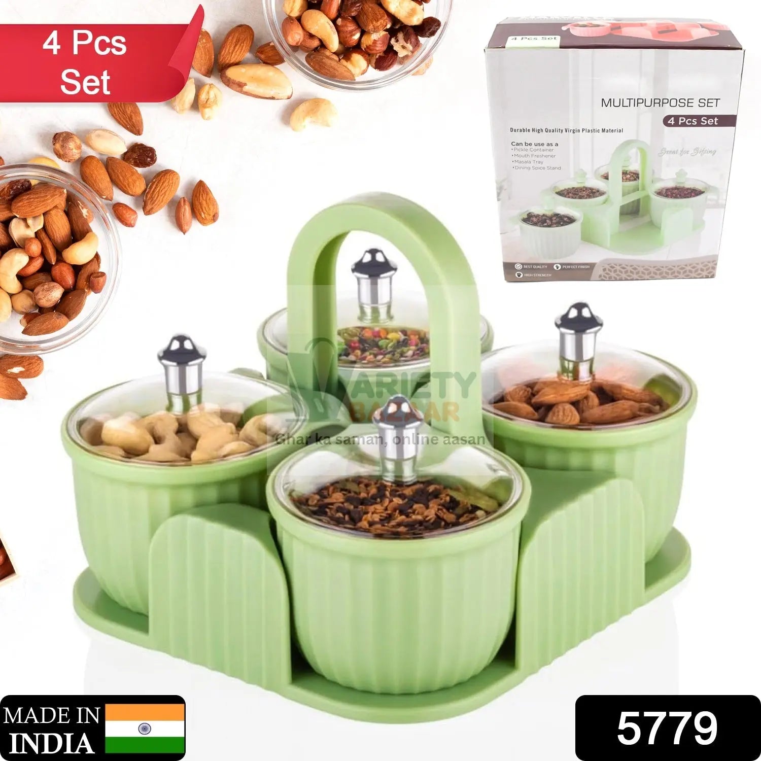 5779 Multipurpose Jar Dryfruit Set, Candy, Chocolate, Snacks Storage Jar, Masala Jar for Home and Kitchen Airtight Dry Fruit Plastic Storage Container Tray Set With Lid & 4 Serving Jar Container for Sweets,Chips,Cookies|(4 Pc Set) Travel Sahayak