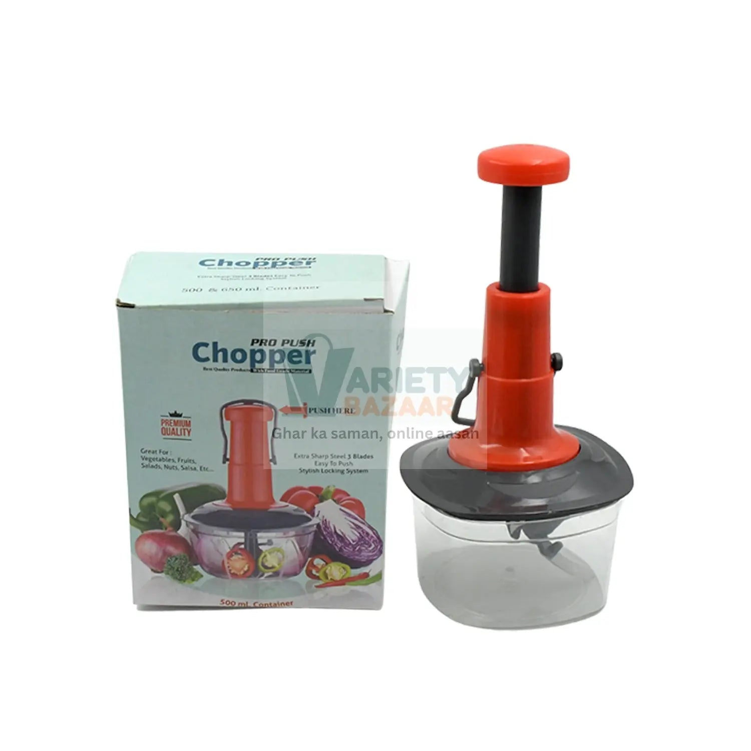 5790 Manual Press Fruit & Vegetable Chopper, with 3 Stainless Steel Blades, Anti-Slip Base, and Locking System, Cutting Chopper For Kitchen (650 ML) Travel Sahayak