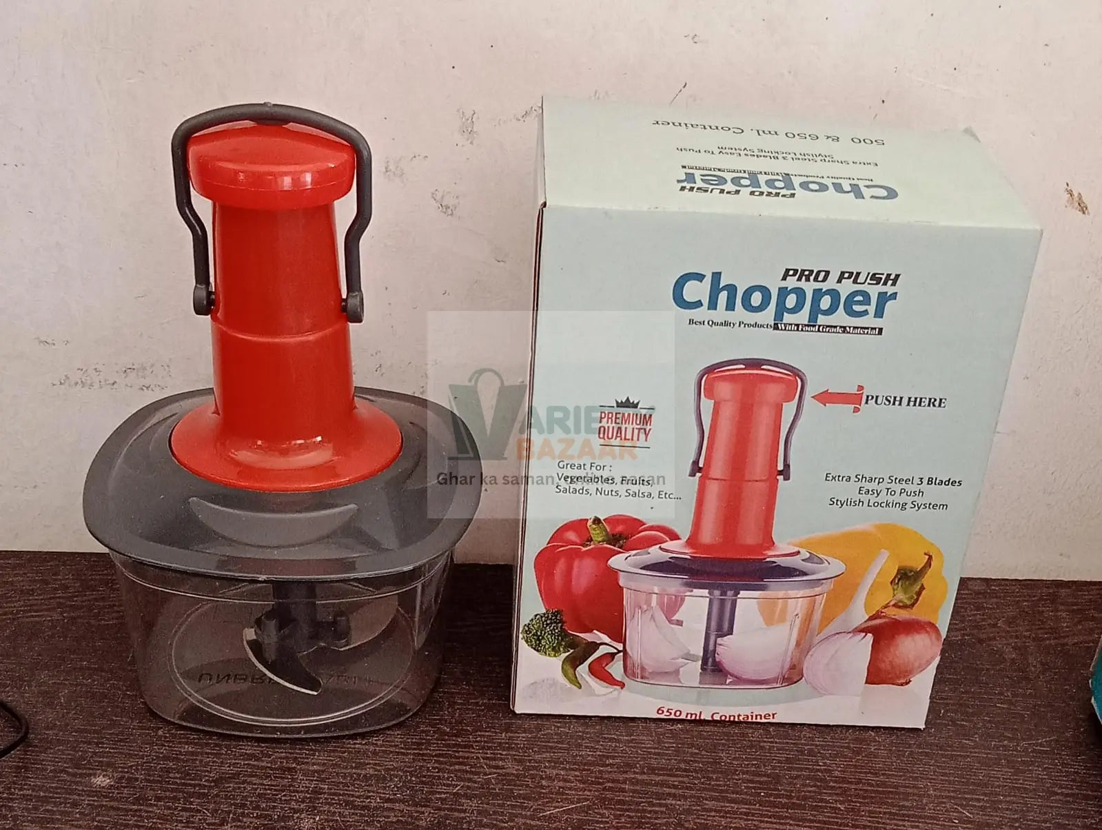 5790 Manual Press Fruit & Vegetable Chopper, with 3 Stainless Steel Blades, Anti-Slip Base, and Locking System, Cutting Chopper For Kitchen (650 ML) Travel Sahayak