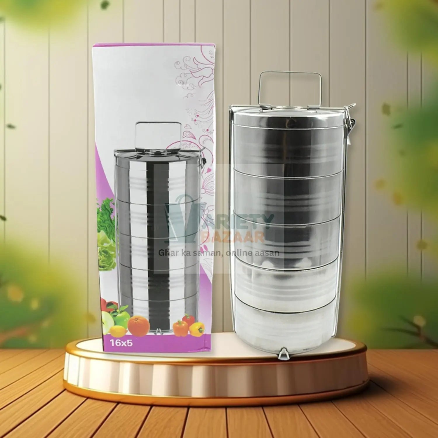 5799 Big Size 5 Compartment Lunch Box Stainless Steel Round Tiffin Traditional Tiffin Box for Kids, College, Office Men and Women Meal Holder with Locking Clip 5 Containers (16x5 Inch) Travel Sahayak