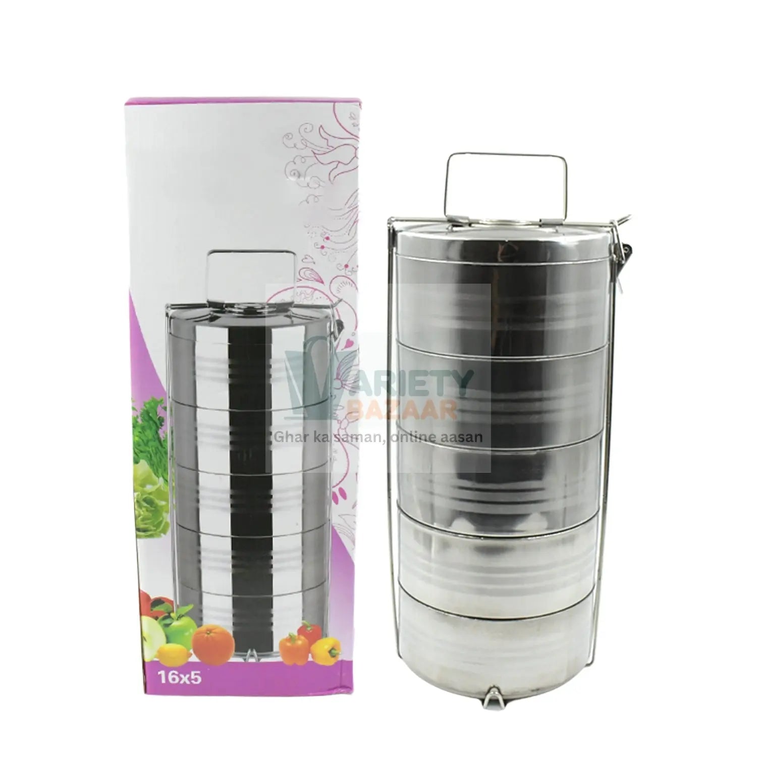 5799 Big Size 5 Compartment Lunch Box Stainless Steel Round Tiffin Traditional Tiffin Box for Kids, College, Office Men and Women Meal Holder with Locking Clip 5 Containers (16x5 Inch) Travel Sahayak