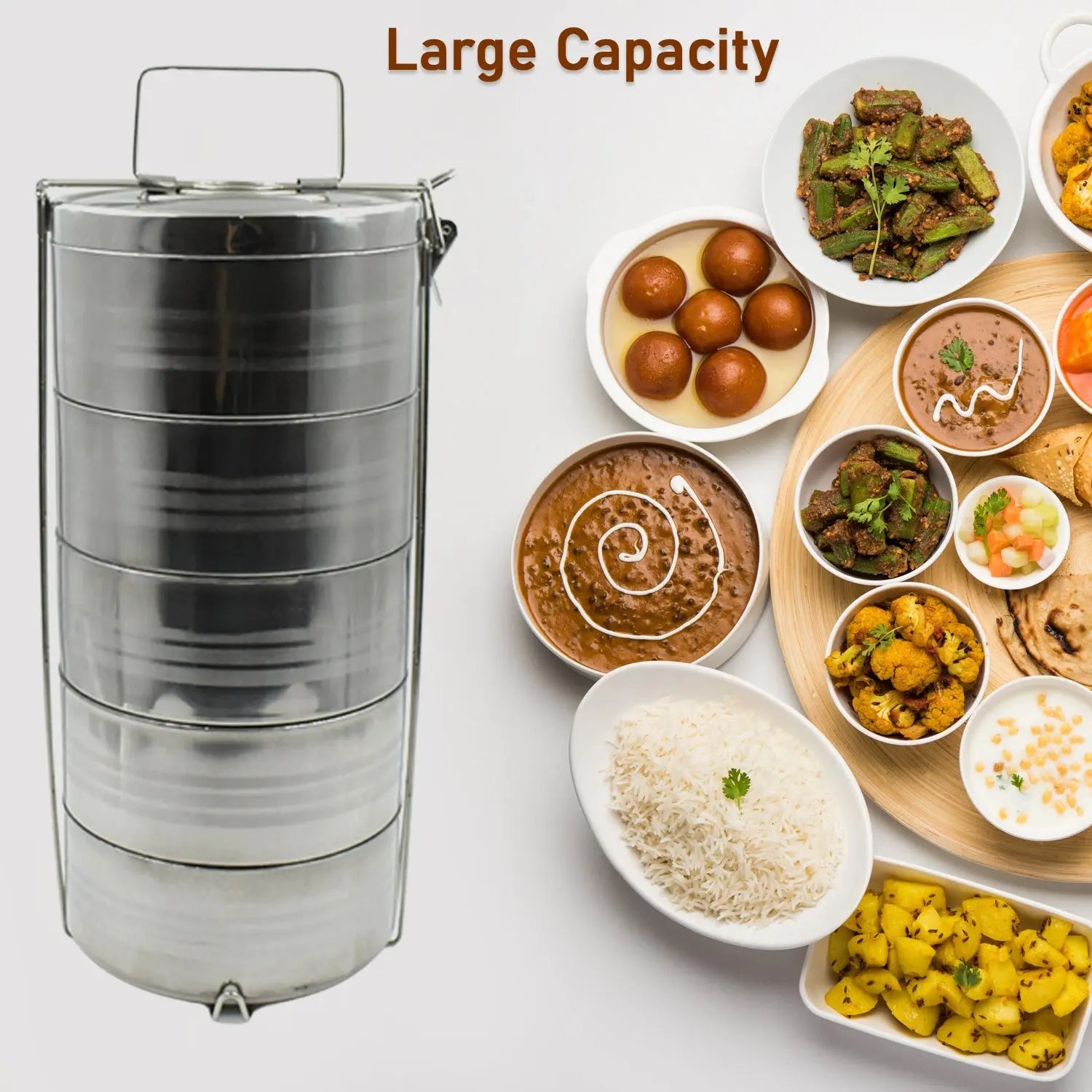 5799 Big Size 5 Compartment Lunch Box Stainless Steel Round Tiffin Traditional Tiffin Box for Kids, College, Office Men and Women Meal Holder with Locking Clip 5 Containers (16x5 Inch) Travel Sahayak