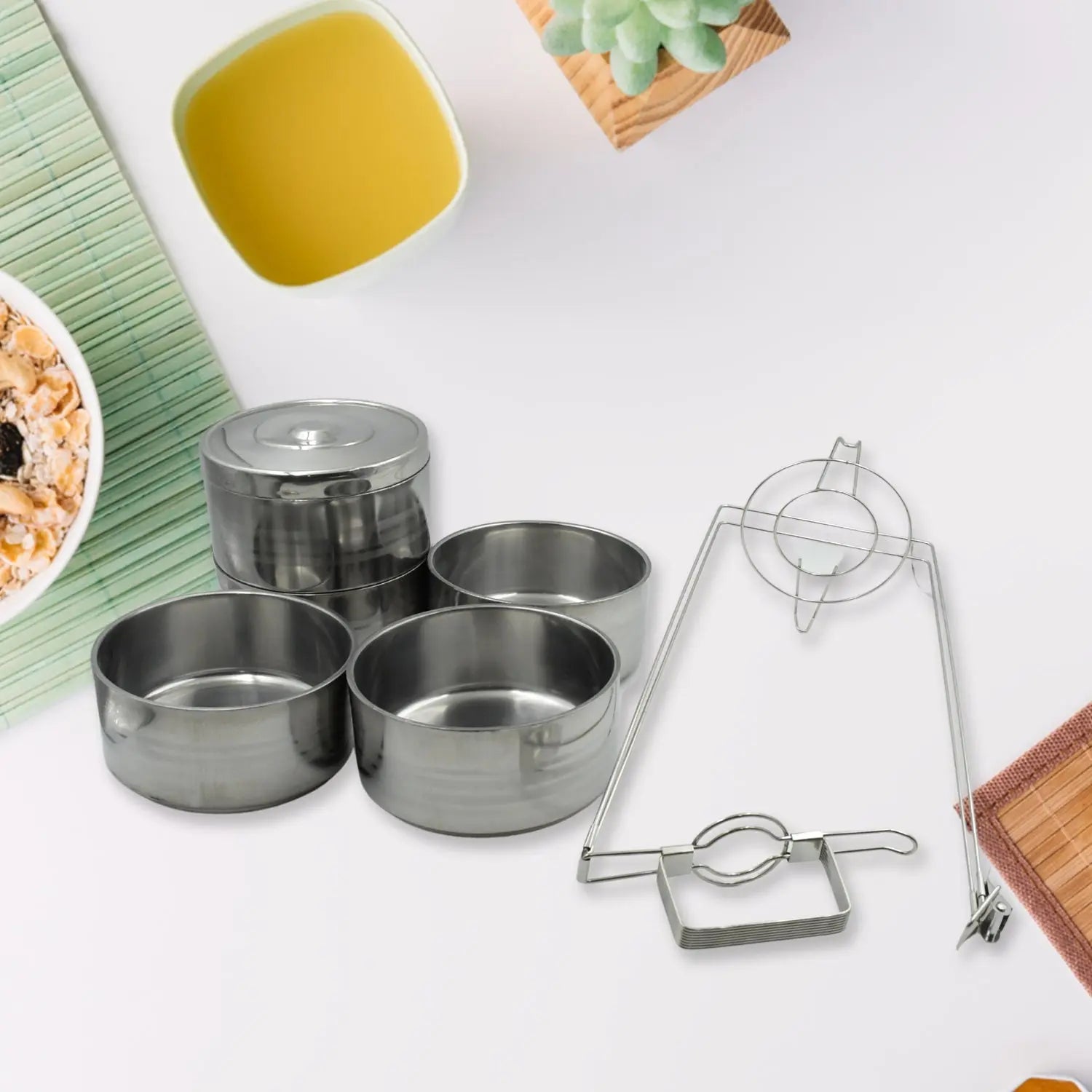 5799 Big Size 5 Compartment Lunch Box Stainless Steel Round Tiffin Traditional Tiffin Box for Kids, College, Office Men and Women Meal Holder with Locking Clip 5 Containers (16x5 Inch) Travel Sahayak